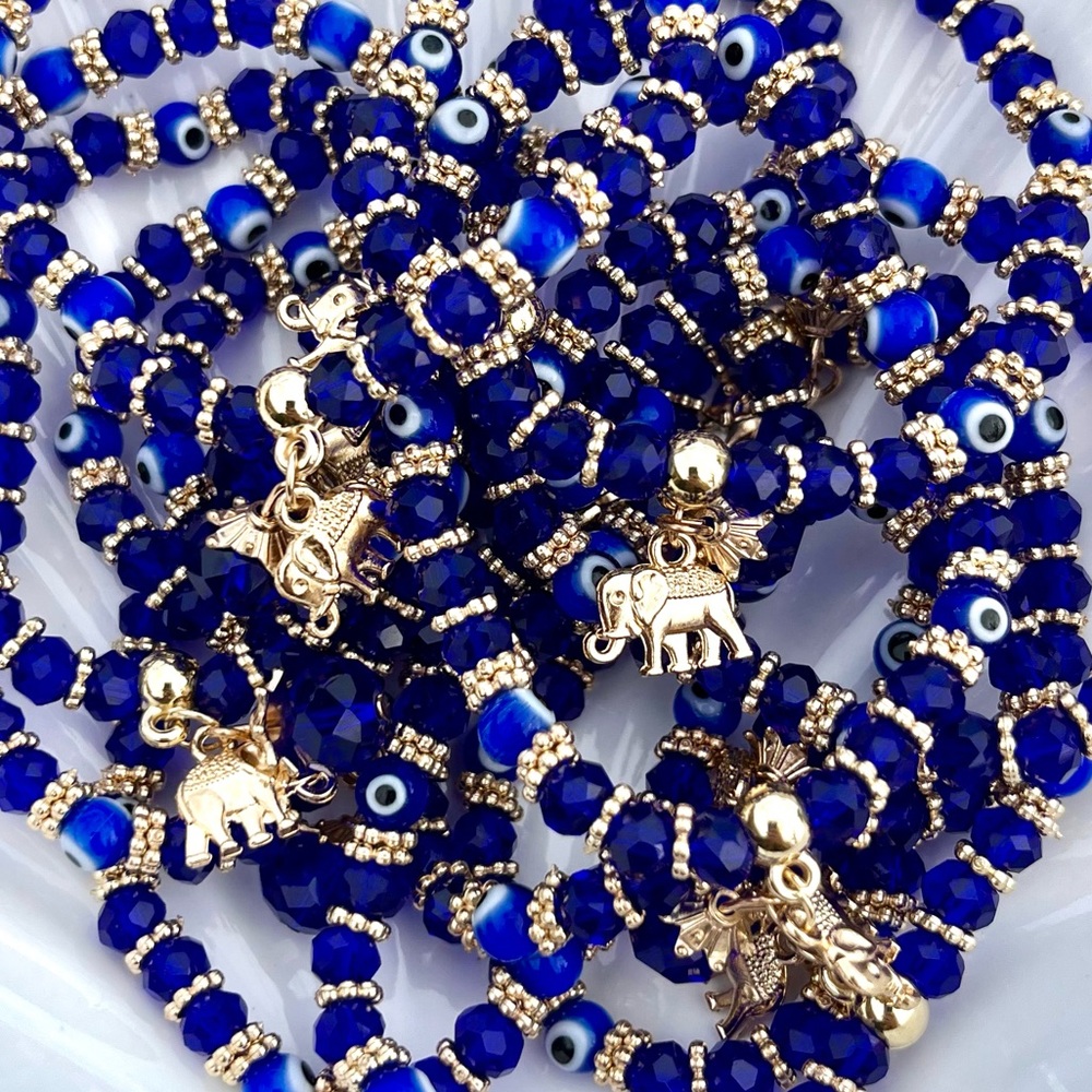 Cobalt Blue Glass Beaded Bracelets With Elephant Charm & Evil Eye Beads NWOT